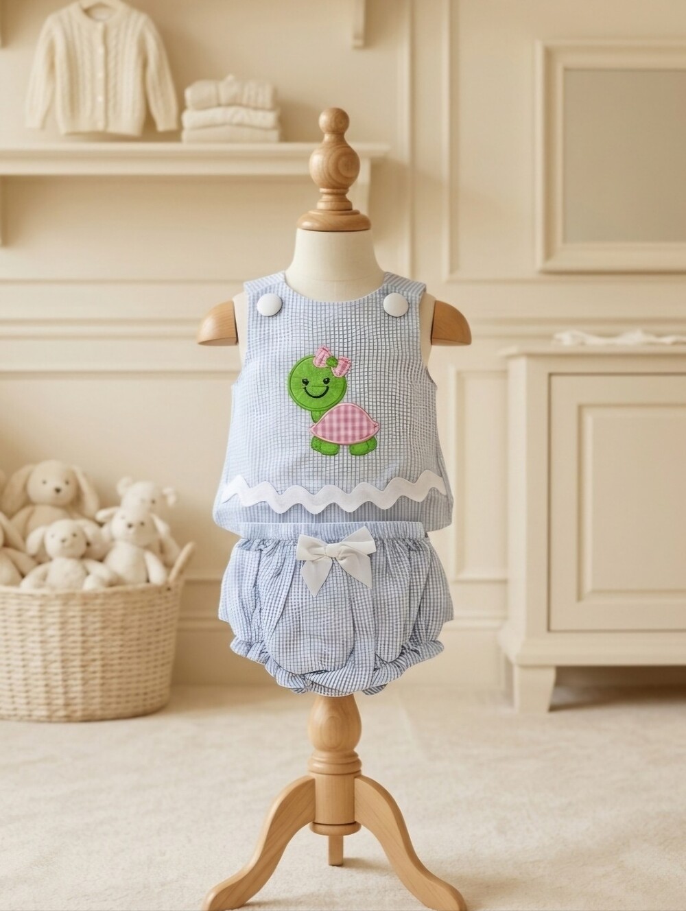 Lil Cactus Blue & White Seersucker Turtle Appliqué 2-Piece Set | Size 6-12M